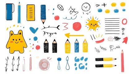 Poster - Colorful and playful set with hand drawn crayon and pencil brush strokes pastel textures spirals and arrows perfect for kid themed design projects