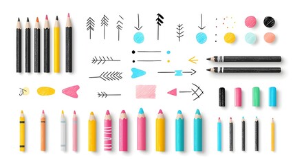 Aufkleber - Vibrant and playful set with hand drawn crayon pencil and brush stroke elements including colorful pastel textures spirals arrows and other decorative graphics   perfect for kid themed backgrounds