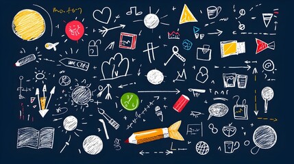 Poster - Vibrant and playful sketchy elements showcasing brushstrokes chalk textures and hand drawn arrows and spirals perfect for kids  creative projects