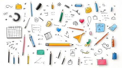 Poster - Vibrant hand drawn crayon and pencil scribbles squares arrows and spiral designs in a playful energetic composition  Perfect for children s and school supplies DIY decor and other creative projects