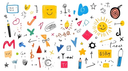 Poster - Colorful and Whimsical Hand Drawn Crayon Pencil Scribbles Squares Arrows and Spiral Designs   Perfect for Playful and Creative Designs and Backgrounds