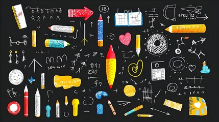Poster - featuring a collection of crayon and pencil sketch elements including chalk textures scribbles arrows and spiral shapes perfect for use in kids  products creative designs
