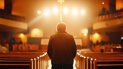 A person stands under glowing lights in a quiet sacred space, reflecting a moment of contemplation and serenity within a warm, inviting atmospheric setting.