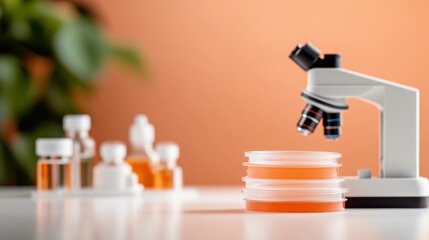 Stacked petri dishes with an orange substance sit on a lab table next to a microscope, illustrating scientific research and laboratory exploration work.