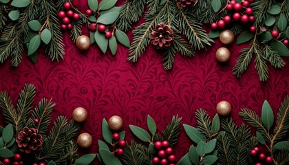 Poster - Festive arrangement with pine, berries, and ornaments on a red background.