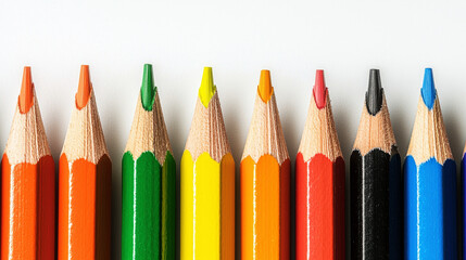 Colorful pencils arranged in a row on a white isolated background.