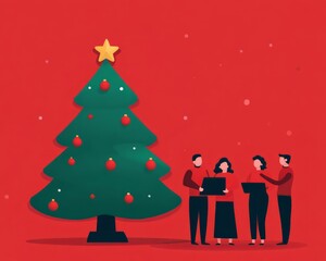 Poster - Four people singing near a decorated Christmas tree on a red background.