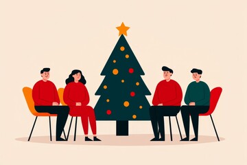 Poster - Four people sitting near a decorated Christmas tree.