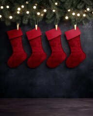 Poster - Four red Christmas stockings hanging with decorative lights above.