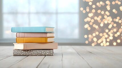 Aufkleber - A stack of aged vintage books set against a dreamy soft focused background with warm glowing tones evoking a sense of nostalgia intellectual curiosity and a touch of magical mystery