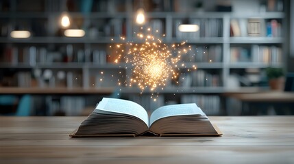 Aufkleber - Enchanted book opening in a glowing bokeh filled atmosphere surrounded by old tomes and evoking a sense of magic mystery and the supernatural