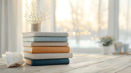 Aufkleber - Stacked vintage hardcover books bathed in a soft golden bokeh background evoking the charm and allure of forgotten tales in a mystical dreamy atmosphere