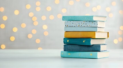 Aufkleber - Stacked aged leather bound books in a soft golden bokeh background evoking a mystical and dreamy atmosphere of forgotten tales and the charm of timeless literature