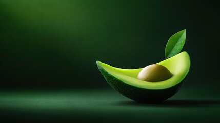   A close-up of an avocado with a leaf and an egg in the middle