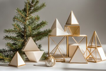 Aufkleber - A collection of clear geometric gift boxes is artistically displayed beside a green evergreen plant, creating a festive atmosphere. Generative AI