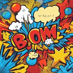 Poster - brightly colored doodles feature speech bubbles and energetic sound effects like boom and bam, creat