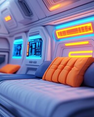 Poster - Futuristic interior with glowing panels and cozy seating.