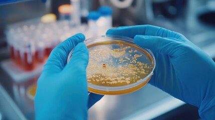 Aufkleber - A researcher in blue gloves studies a petri dish containing bacteria cultures in a well-equipped laboratory. Generative AI
