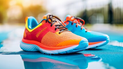 Pair of running shoes with vibrant colors, emphasizing fitness and sportswear