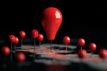 Poster - 3D rendering of a red location pin on a dark map background, representing navigation and mapping concepts.