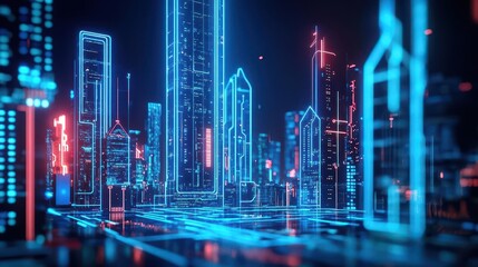 Fototapete - Smart city, blue neon energy circuits, futuristic skyscrapers, sustainable urban design