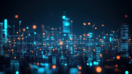 Poster - Interconnected city skyline, digital nodes and holographic connections, glowing urban landscape, advanced design