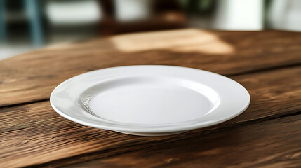 Poster - empty white plate isolated on a wooden table