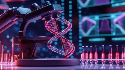 Poster - A modern microscope revealing a glowing DNA helix with test tubes in a high-tech laboratory.