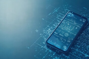 Poster - Futuristic mobile device with biometric sensors analyzing health data, top view, emphasizing healthtech advancements, technology tone, Monochromatic color scheme
