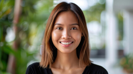 Poster - A stunning Asian woman smiles brightly while walking through a lush park, showcasing her radiant charm and joy.