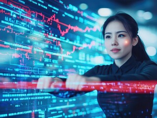 Poster - Businesswoman crossing a finish line, digital stock market trends behind her, glowing holographic display, futuristic corporate success, neon blue hues, sharp focus