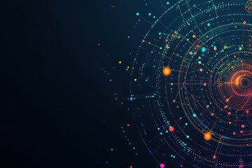 Poster - Abstract patterns of tech spirals and dots in a flat design, side view, holographic tech theme, cartoon drawing, Splitcomplementary color scheme
