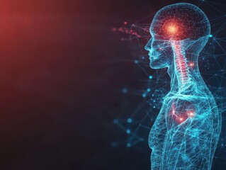 Poster - Abstract human anatomy in digital wireframe, backlit, vibrant red and blue tones, sideangle, soft glow around edges