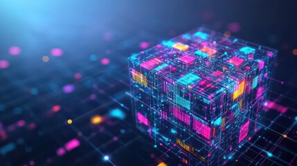 Fototapete - A crystal structure refracting colorful data patterns, top view, showing how big data is visualized, futuristic tone, Splitcomplementary color scheme
