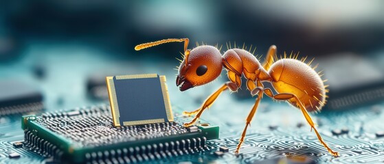 Poster - Ant interacting with a microchip on a circuit board, macro photography showcasing intricate details.
