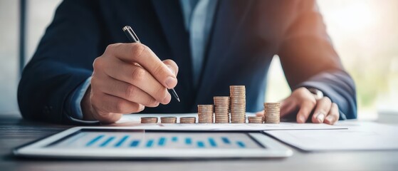 Poster - Businessman analyzing financial growth with coins and charts, digital tablet on desk.