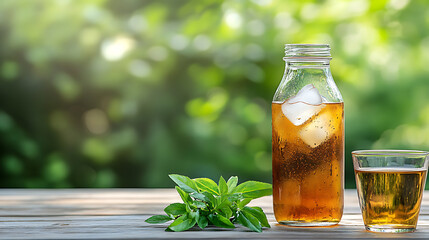 Poster - bottle of ice tea and green tea isolated on a wooden table