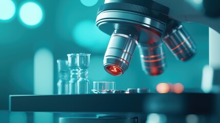 Poster - close up of a modern microscope with laboratory glassware in a scientific research setting.