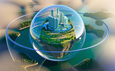 Wall Mural - 3d render of a futuristic, sustainable cityscape encapsulated within a tranquil, spherical environme