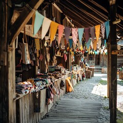 Traditional craft market festival, artisans selling handmade goods, wooden stalls decorated with bunting