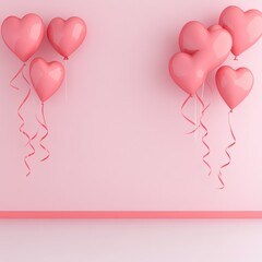 Wall Mural - Pink heart-shaped balloons floating against a pastel pink background.