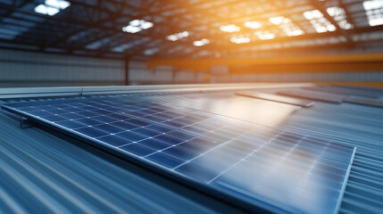 Poster - Warehouse roof with solar panels Electricity saving and green energy concept 