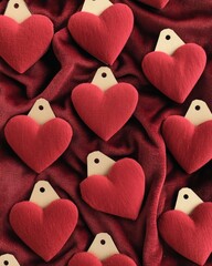 Poster - Red heart-shaped tags arranged on a textured fabric background.