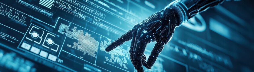 Poster - Futuristic robotic hand interacting with digital interface in blue light, isolated on white background.