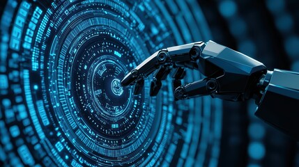 Poster - Futuristic robotic hand interacting with a digital interface, showcasing advanced technology.
