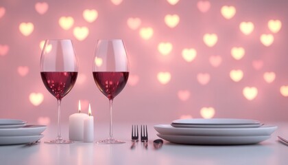 Canvas Print - Romantic dinner setting with wine glasses and candles against heart backdrop.