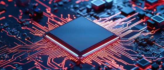 Poster - High-tech microchip on a circuit board, illuminated in glowing red and blue lights.