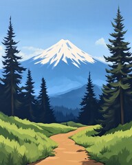 Wall Mural - Scenic mountain landscape with a pathway and lush greenery.