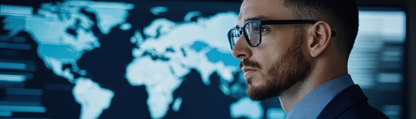 Poster - Professional man in a suit with glasses, observing digital global data analytics.