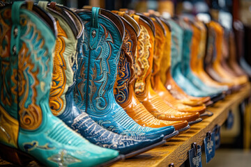 Row of cowboy boots lined up outside a rustic saloon, dust adding a rugged charm to the worn leather and metal spurs.